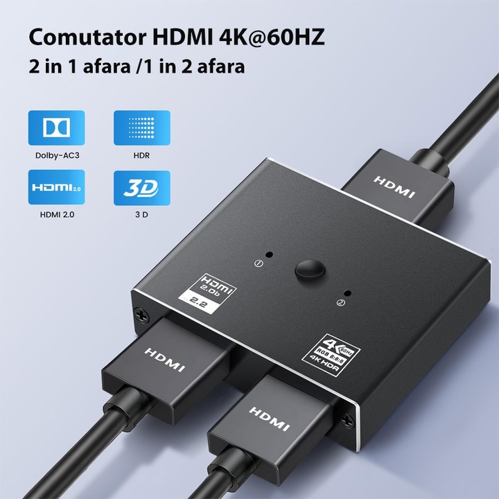 Chucai kétirányú HDMI kapcsoló, 4K 60Hz, HDR, HDCP2.2, Plug and Play, fekete