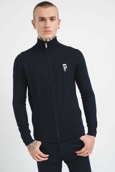 Karl Lagerfeld, Bluza de trening de lana cu fermoar, Alb optic/Bleumarin