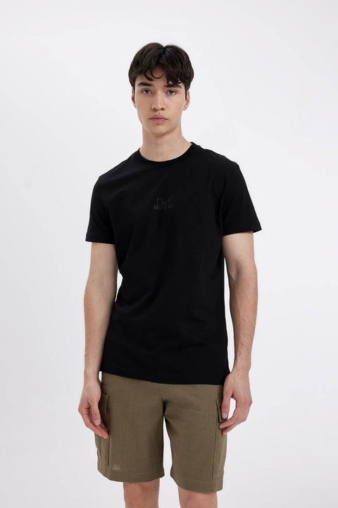 DeFacto, Tricou cu decolteu la baza gatului si imprimeu text, Negru