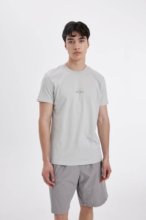 DeFacto, Tricou cu decolteu la baza gatului si imprimeu text, Gri deschis