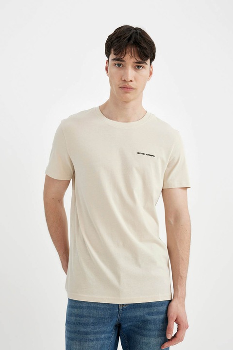 DeFacto, Tricou cu decolteu la baza gatului si text brodat, Bej deschis