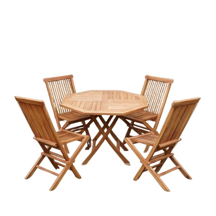 Set terasa/ gradina Octogonal, masa 100 x 100 x 75 cm si 4 scaune 50 x 60 x 95 cm, pliabile din lemn masiv de tec, maro natur, Exotica Wood