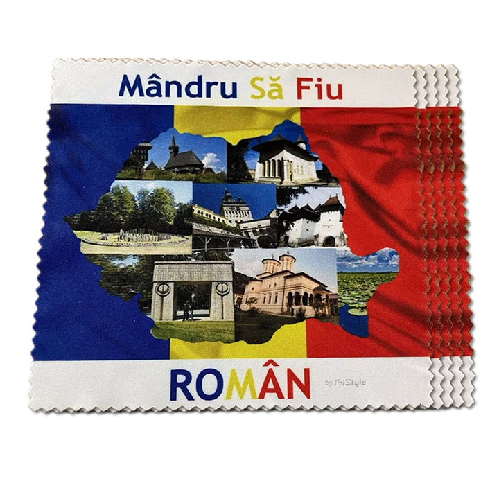 Set 5 Lavete Premium Personalizate din Microfibra pentru Ochelari de Sticla si Plastic, Lentile Contact si Telefon, cu Imprimeu "Mandru sa fiu Roman", 15x15cm, PriStyle