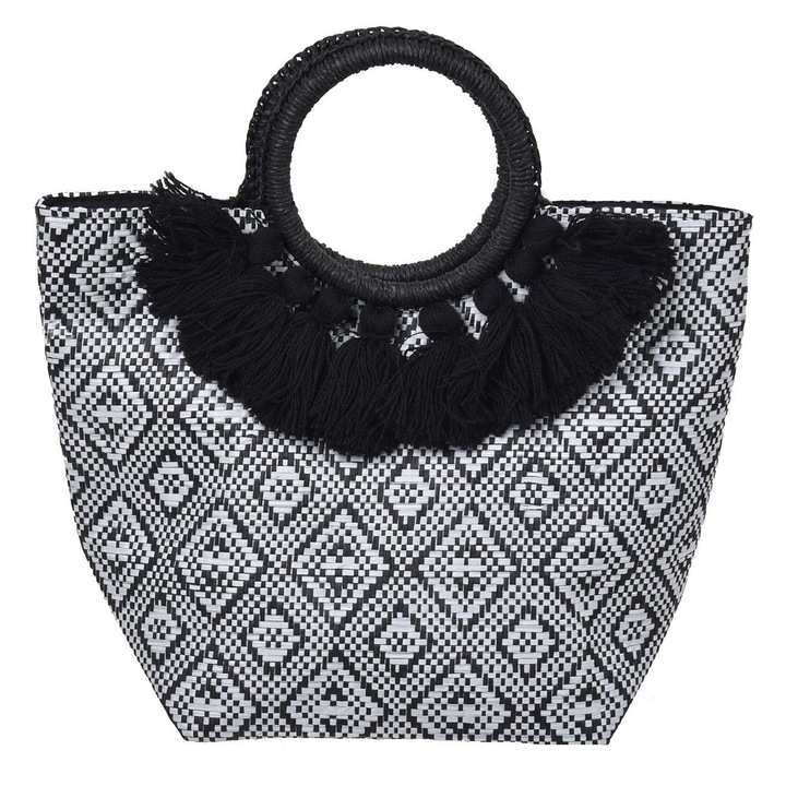 Shopiens nyári női táska, fehér fekete-fehér mintával, rövid füllel és fekete rojtokkal, 32 x 13 x 32 cm