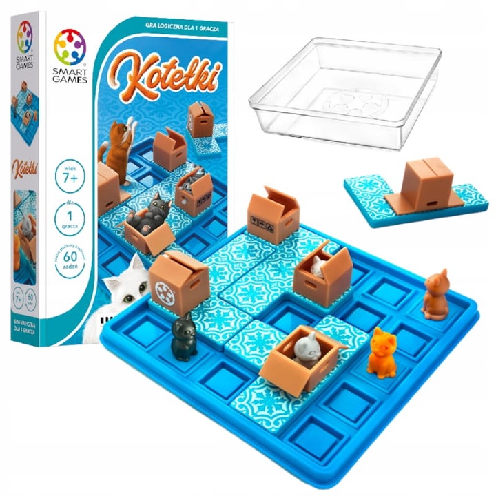 Smart Games társasjáték szett, 7+ éves kortól, 1 játékos, játéktábla, 60 feladatot tartalmazó füzet, 5 macska lapka, 4 doboz lapka, többszínű