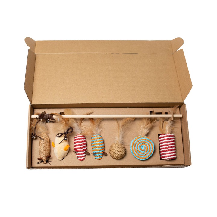 Set de 7 jucarii pentru pisici, materiale naturale, multicolor, 42x7x6cm