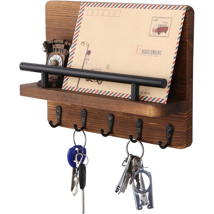 Кутия за ключове, борова дървесина, 5 куки