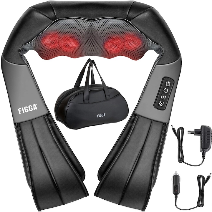 Aparat profesional masaj electric FiGGA® pentru gat si spate, cu incalzire, cervical, lombar, abdomen si picioare, miscari 3D, relaxare musculara, utilizare acasa, la birou si in masina