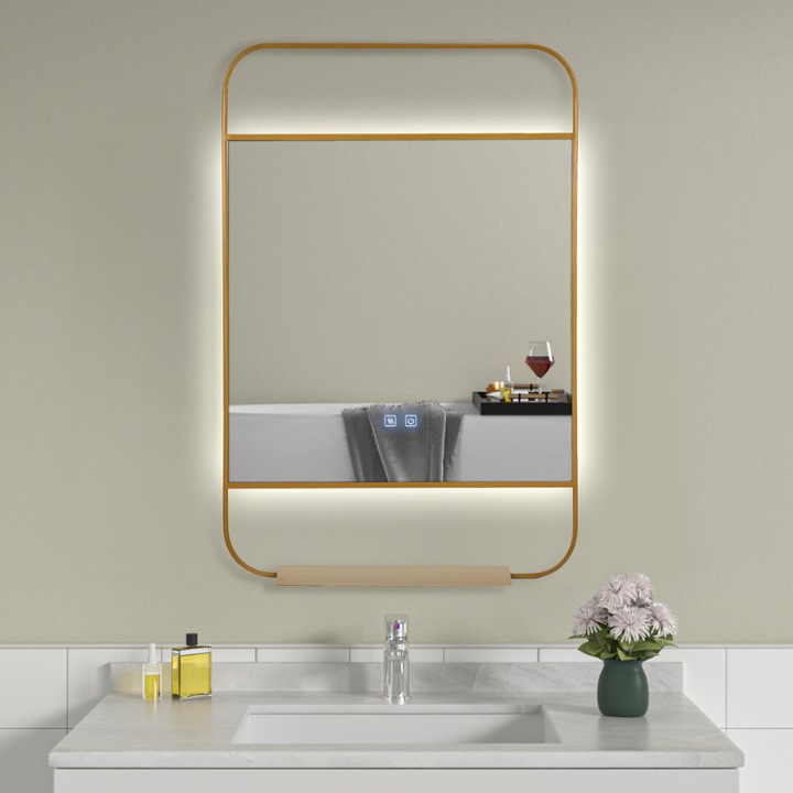 Oglinda Baie Premium, Iluminare LED cu Touch, Sistem Dezaburire si Etajera Metal Auriu 60x95 cm