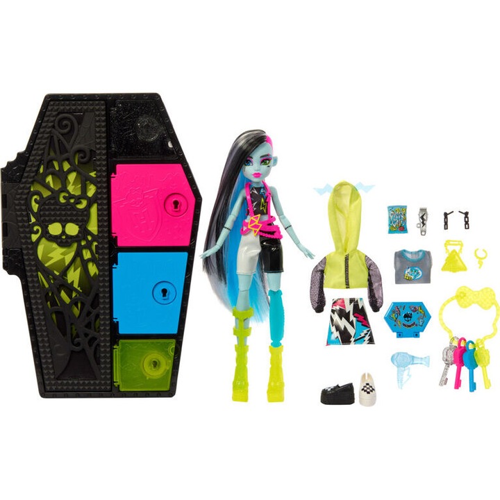 Papusa Monster High Neon Frights Skulltimate Secrets - Frankie Stein cu 19 Surprize
