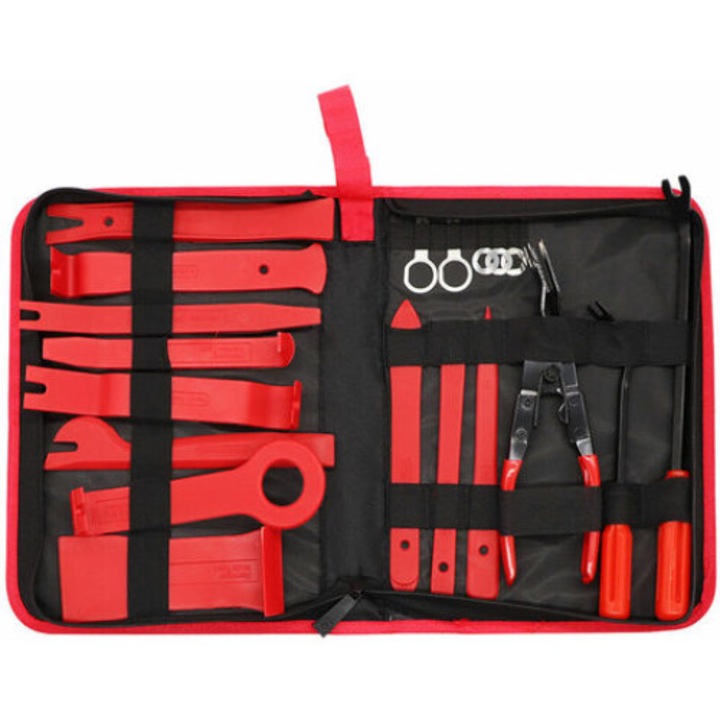 Комплект инструменти за премахване на тапицерия на кола, QttvbTna, 19 части, найлон, с кутия за съхранение, черен/червен