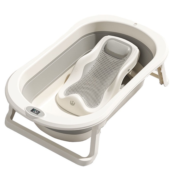 Set cadita pliabila pentru copii Little Mom Royal Grey, echipata cu termometru display digital, design modern, margini rotunjite, si suport anatomic inclus, dimensiune 76 x 21 x 49 cm