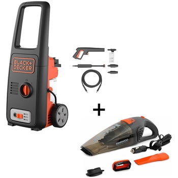 Pachet Aparat de spalat cu presiune Black & Decker BXPW1500E 1500 W, presiune 120 bar, debit max. 390 l/h, 2 duze, kit spuma, furtun presiune 6 m + Aspirator auto Daewoo DAVC150, 12V