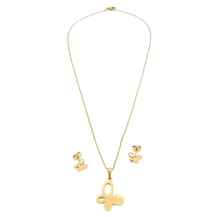 Set Bijuterii Colier si Cercei cu Pandantiv Fluture Otel inoxidabil Auriu – Eleganta si Semnificatie, Cutie eleganta