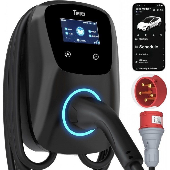 Statie de incarcare Tera, 32A Tip 2 22kW sau 11kW 400V, Wallbox 7 m, control prin aplicatie pentru electrice si hibrid, negru