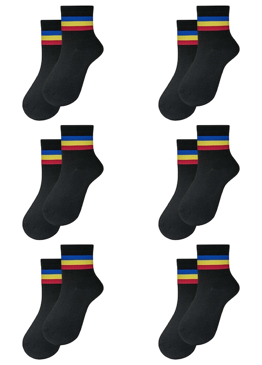 Set 6 perechi sosete medii sport semi-flausate pe talpa barbati, Overall, Tricolor, Alb, Negru