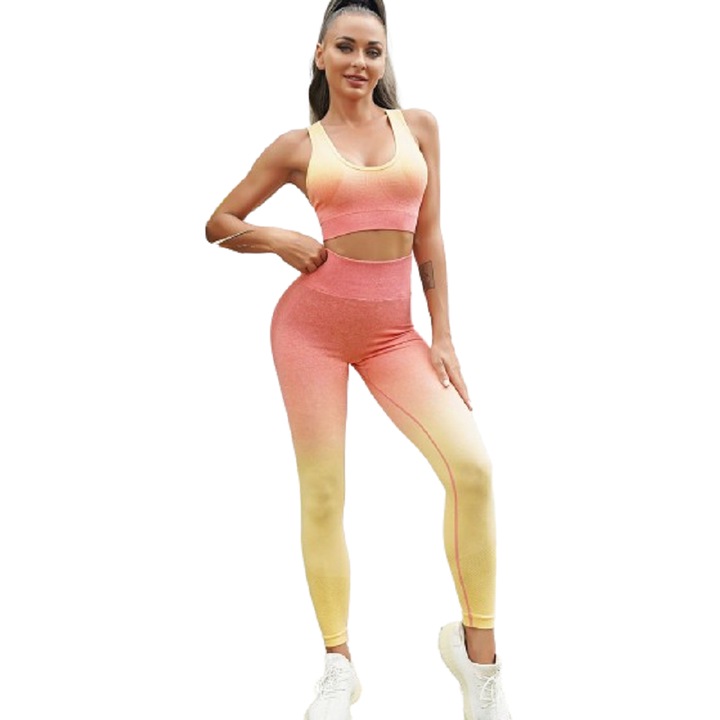 Compleu fitness modelator din doua piese top si pantaloni lung, Portocaliu/Galben degrade