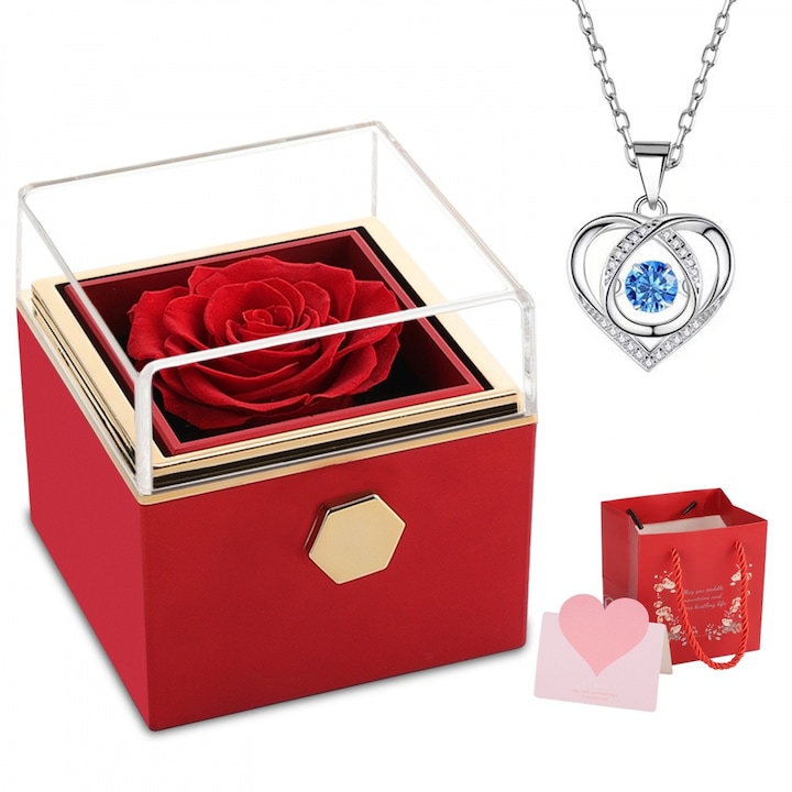 Flori eternizate ASDIIT® design patrat, reversibil, cu colier, felicitare si punga cadou, un cadou de sarbatoare potrivit pentru sotie, mama si fiica, rosu aprins