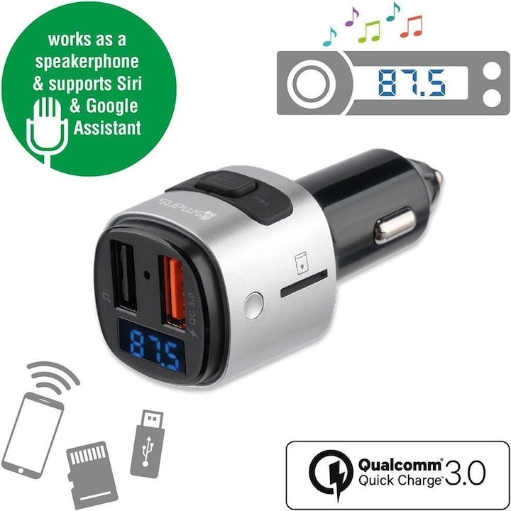 Transmitator wireless pentru masina, transmitator FM 4SMARTS/ Bluetooth/ incarcare rapida, argintiu