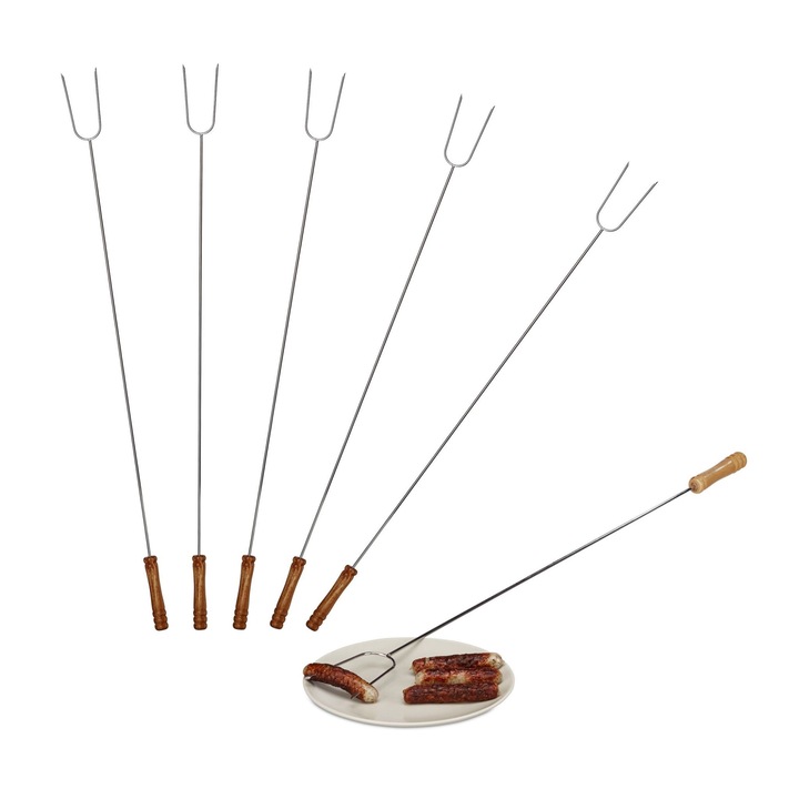 Set de 6 Frigarui Grill, din otel inoxidabil cu maner din lemn, pentru prajit carne sau slanina, robuste si durabile, gatit fara griji si fara riscul de arsuri, 2 x 5 x 80 cm