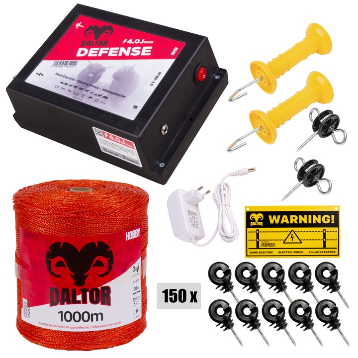 Elektromos kerítés csomag DALTOR Defense 4 J 12V/230V, Hobby 1000m