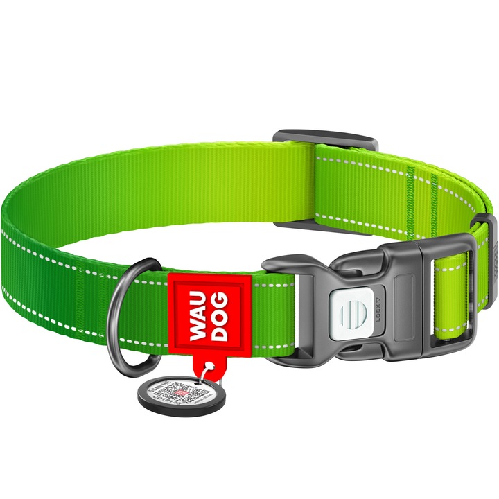 Zgarda pentru caini din nylon WAUDOG Nylon Mono cu pasaport QR, reflectorizanta, cu catarama din plastic, verde deschis, M (28-40 cm)