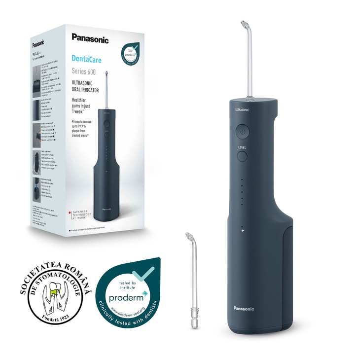 Irigator bucal Panasonic Ultrasonic EW-DJ66-A303, aprox. 647kPa presiune apa, 5 trepte de reglare presiune, portabil, 2duze Ultrasonice incluse, Capacitate rezervor 200 ml, Albastru