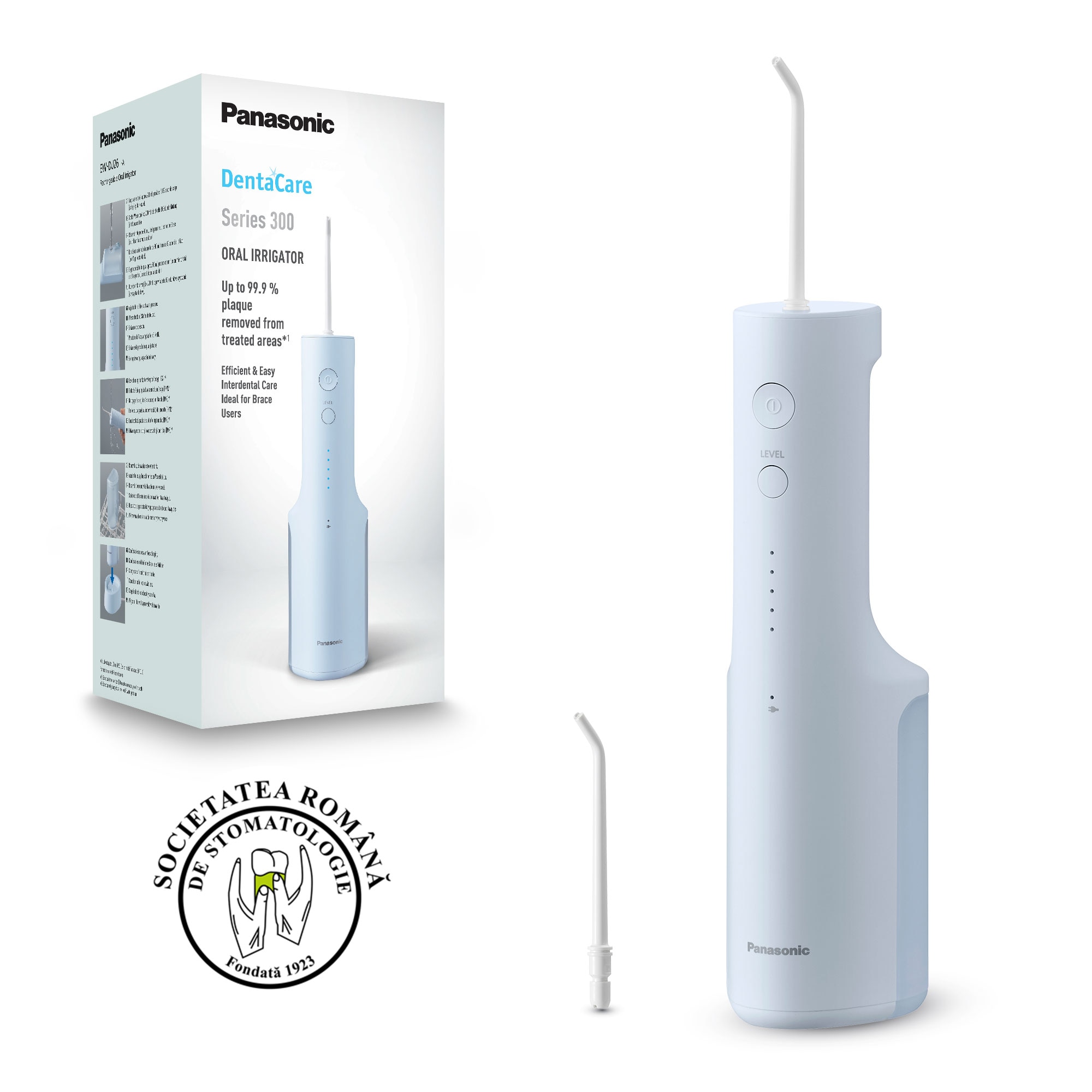 Irigator bucal Panasonic EW-DJ26-A303, aprox. 590kPa presiune apa, 5 trepte de presiune, portabil, 2duze incluse, Capacitate rezervor 200ml, Albastru