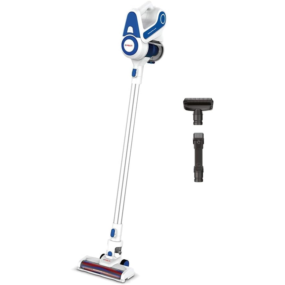 Aspirator vertical 2 in 1 Polti PBEU0116 FORZASPIRA SLIM SR90B, Aspirare ciclonica, Recipient 0.5 l, Autonomie 40 minute Alb/Albastru