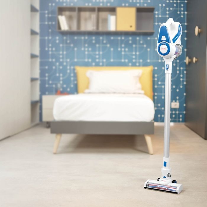 Aspirator vertical 2 in 1 Polti PBEU0116 FORZASPIRA SLIM SR90B, Aspirare ciclonica, Recipient 0.5 l, Autonomie 40 minute Alb/Albastru