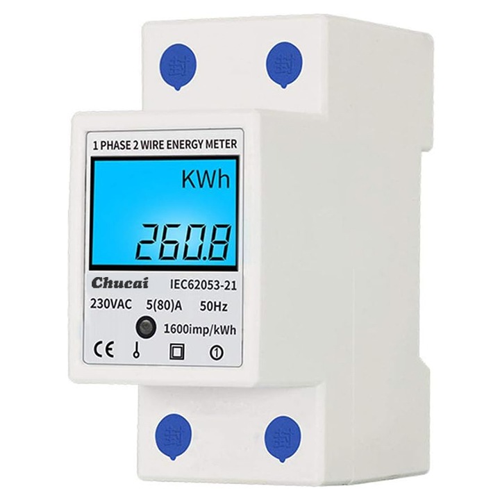 Contor electric monofazat, Chucai, 220V / 230V AC 50Hz / 60Hz, 5(80)A, afisaj LCD, protectie supratensiune si suprasarcina, Pentru Rezidential, Industrial, Comercial, 7.85x3.65x4.3cm, alb