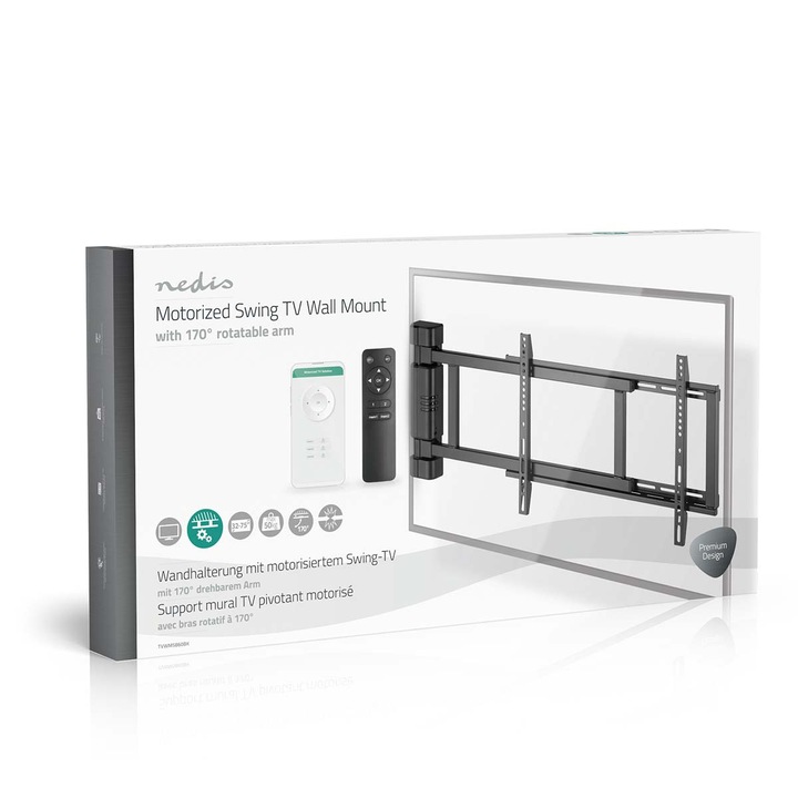 Nedis Моторизирана стойка за стена за телевизор 32 - 75 " Smart Wi-Fi моторизирана стойка за странична стена за LCD телевизор Максимално поддържано тегло на екрана: 50 кг, Максимално разстояние до стената: 56 мм, Дистанционно управление ABS / стомана