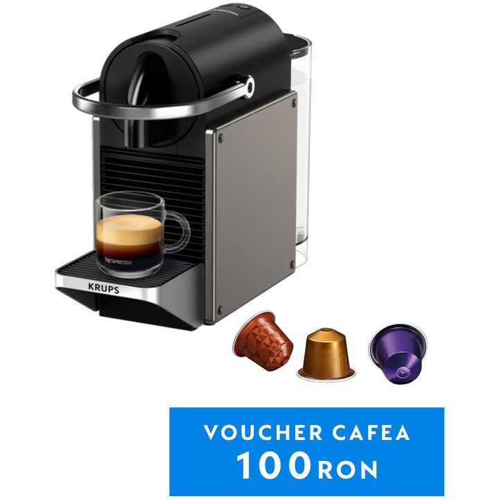 Espressor KRUPS cu capsule Nespresso Pixie Titan XN306T10, 1260W, 19 bari, 0.7L, functie oprire automata, negru & gri + set capsule degustare