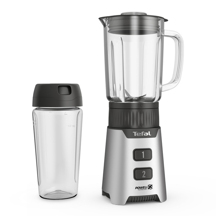 Блендер Tefal Minimix BL16GE30, 400W, 2 степени на скорост, Термоустойчива стъклена кана 0.7 л, Преносима кана 0.6 литра, Подвижни ножове Powelix, Сребрист