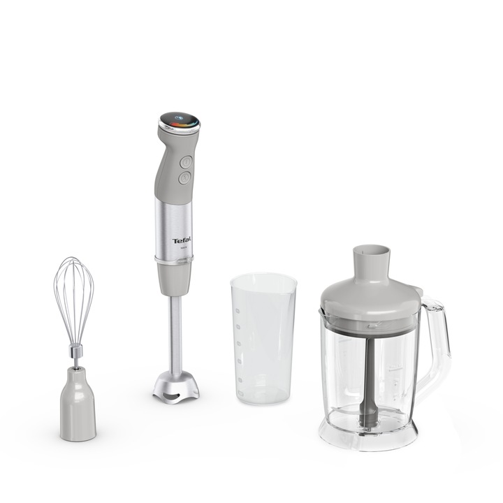 Вертикален миксер Tefal Quickchef+ HB67MB30, 1000W, 20 степени на скорост, Turbo функция, Чопър 1000 мл, Мерителна кана 800 мл, Бъркалка, Неръждаема стомана, 4 ножа Powelix,Сив/Сребрист