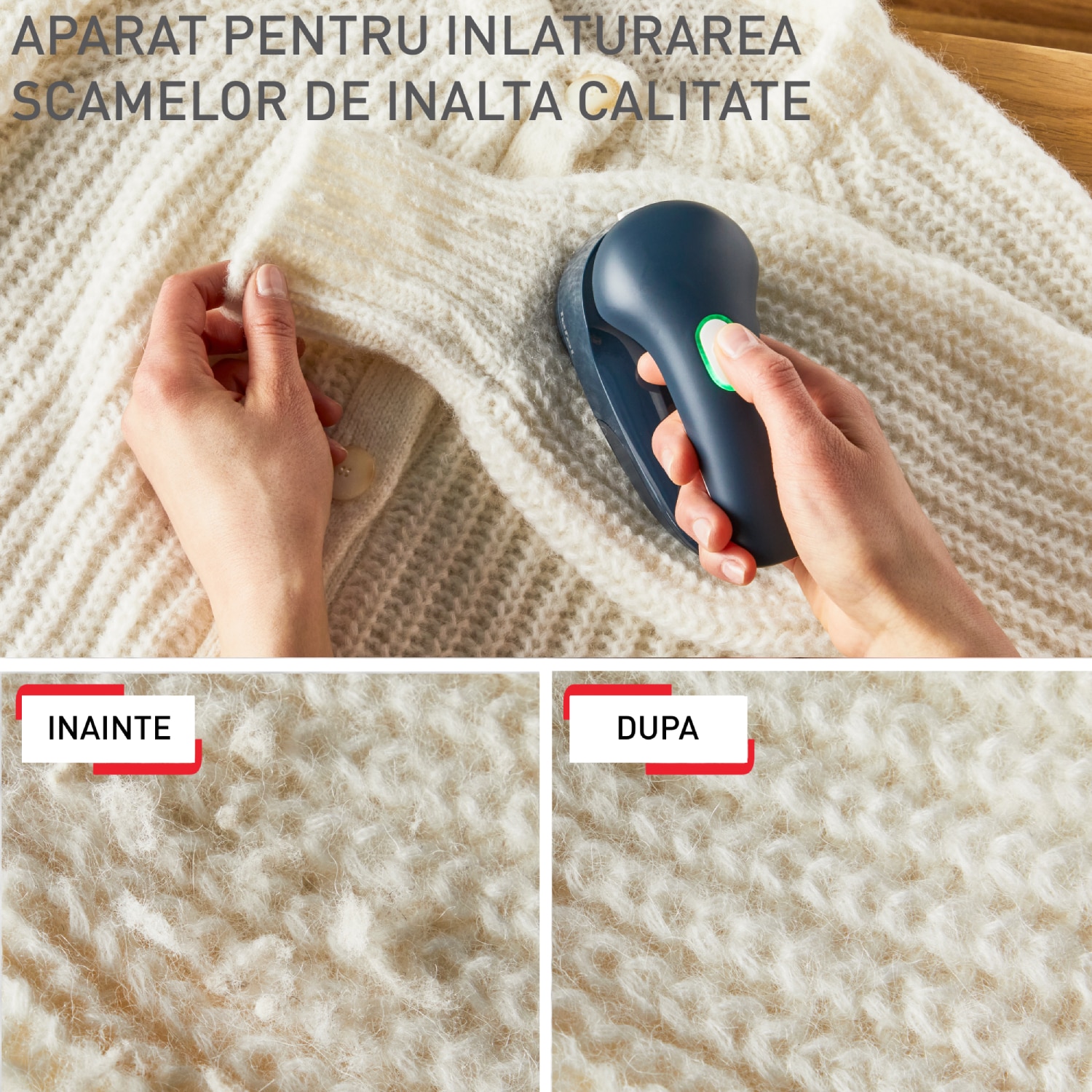 Aparat de curatat scame Tefal JB7002E0, cutit cu 3 lame din inox, 2 inaltimi de taiere, autonomie 40 minute, cablu USB inclus, maner pliabil, perie pentru curatare, albastru