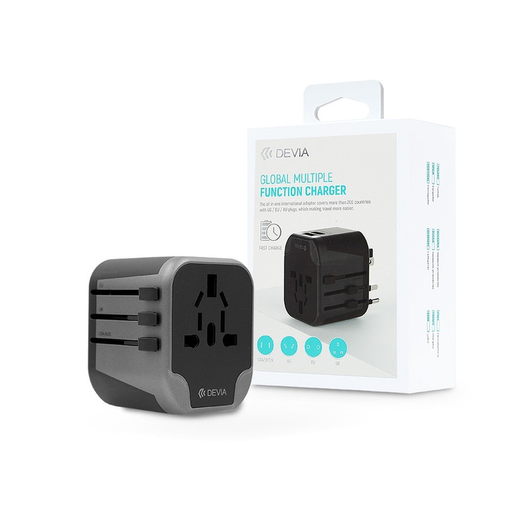 Devia fekete 2USB EU/USA/UK/AU hálózati töltőfej / adapter 2.5A