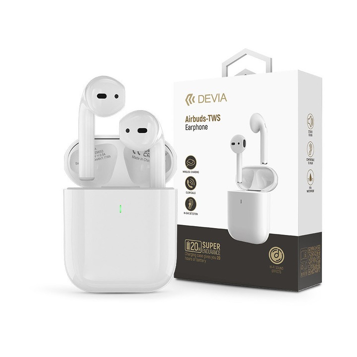 Devia TWS Bluetooth стерео слушалки v5.3 + калъф за зареждане - Devia Airbuds-TWS WirelessEarphone with Charging Case - бял