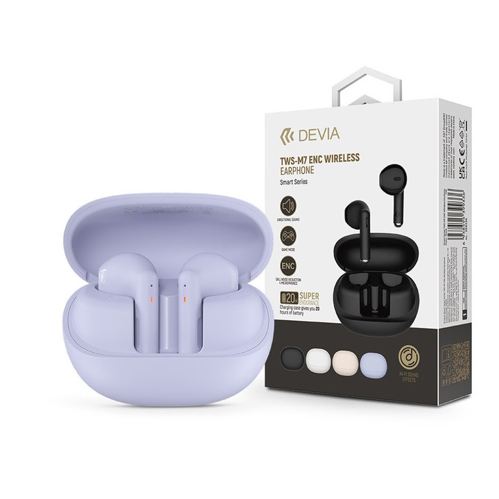 Devia TWS Bluetooth стерео слушалки v5.3 + кутия за зареждане - Безжични слушалки Devia TWS-M7 ENC с кутия за зареждане - лилаво
