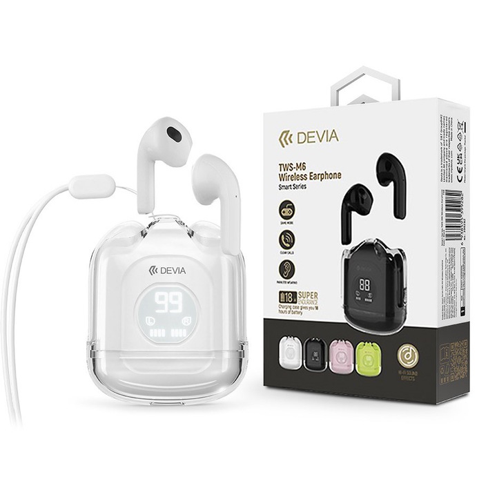 Безжични слушалки Devia TWS-M6 с калъф за зареждане, Bluetooth, Бял