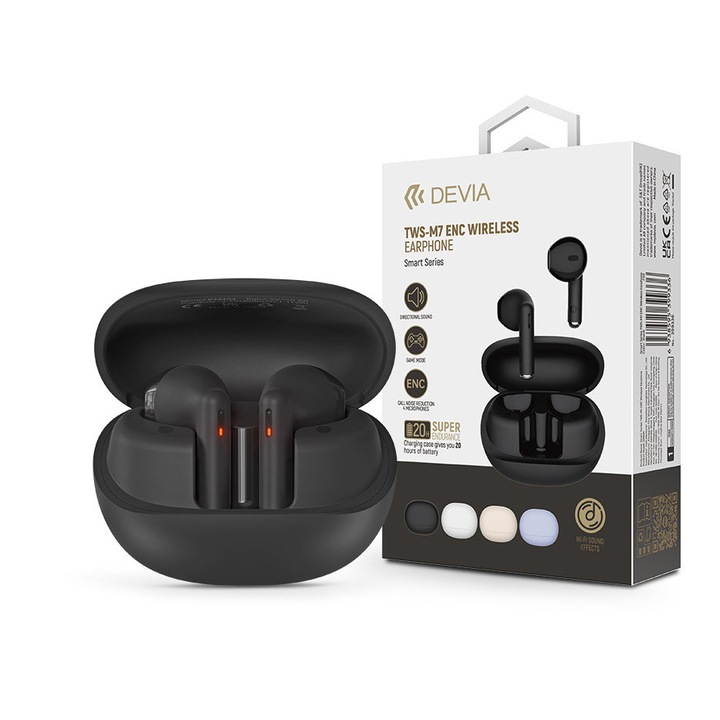 Стерео слушалки v5.3, Devia TWS Bluetooth, калъф за зареждане - Безжични слушалки Devia TWS-M7 ENC с калъф за зареждане, Черен