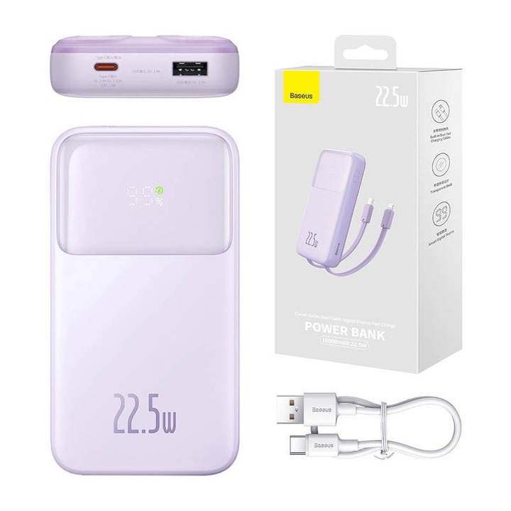 Powerbank Baseus CometUSB USB-C kábelre, 10000mAh, 22.5W (lila)