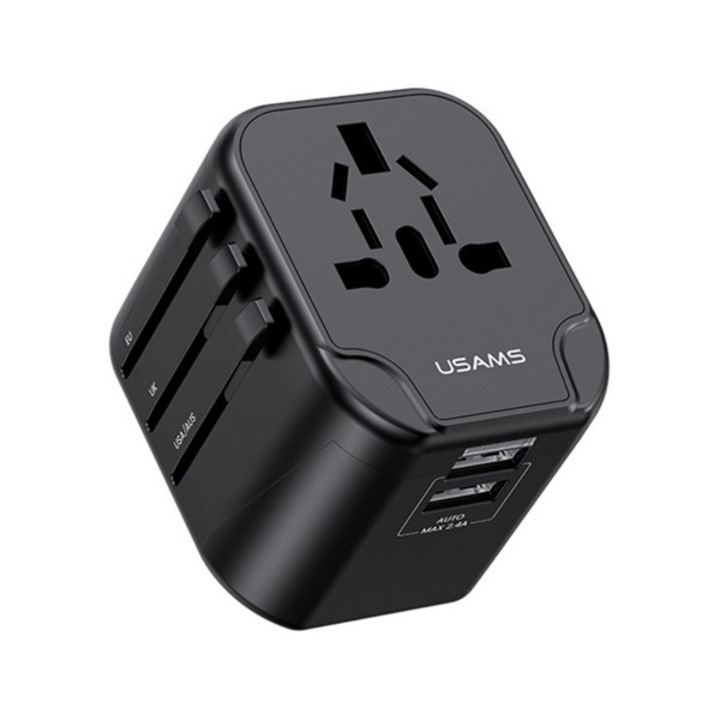 USAMS T55 utazó töltő 2 USB aljzat (12W, EU, UK, US, AU) FEKETE