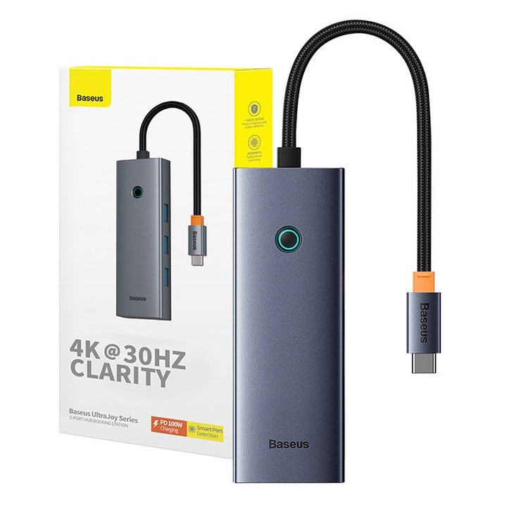 5 в 1 хъб Baseus UltraJoy серия USB-C HDMI4K@30Hz+3xUSB 3.0+1xPD (сив)