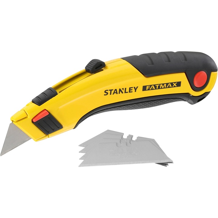 Cutter utilitar retractabil Stanley FatMax 0-10-778, 180 mm, depozitare pentru 5 lame in maner, design ergonomic, maner confortabil, sistem de blocare interlock pentru o mai mare siguranta in timpul taierii, rezistent la solventi