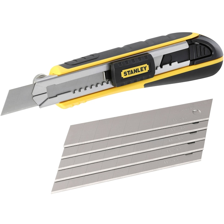 Cutter Stanley FatMax 0-10-481 ,lama 18mm, clema de blocare a lamei, schimbare rapida si usoara a lamei fara nevoie de unelte, stergator de lama pentru eliminarea excesului de resturi si prelungirea duratei de viata a lamei, 6 lame incluse