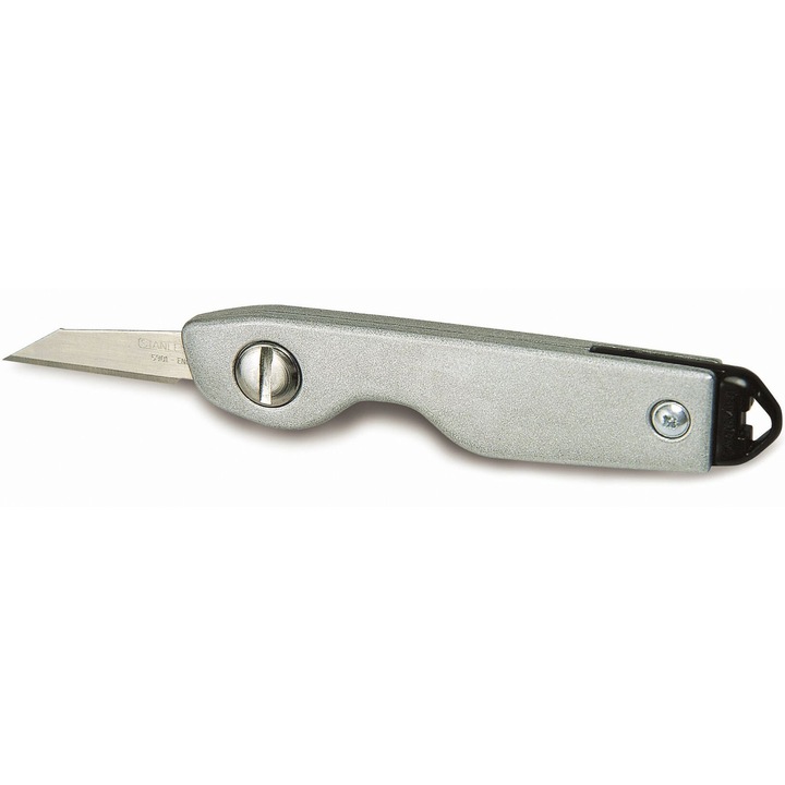 Cutit utilitar pliabil tip cutter Stanley 0-10-598, mecanism simplu cu arc permite blocarea sigura a lamei in pozitia extinsa sau depozitarea in siguranta in corpul cutitului, poate fi depozitat in siguranta in corpul cutitului, argintiu