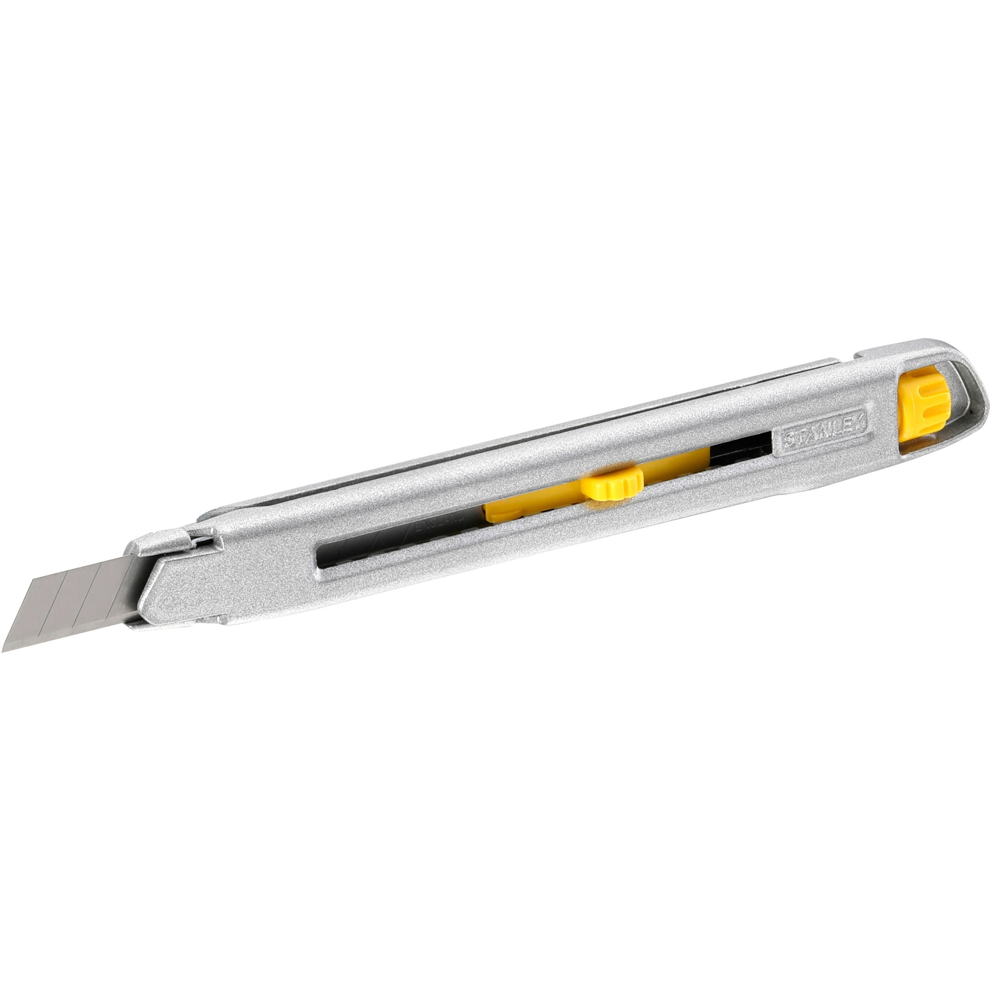 Cutter Stanley 0-10-095 Interlock, cu ghidaj din otel inoxidabil, latime lama 9mm, schimbare rapida si usoara a lamei prin roata zimtata, argintiu/gri