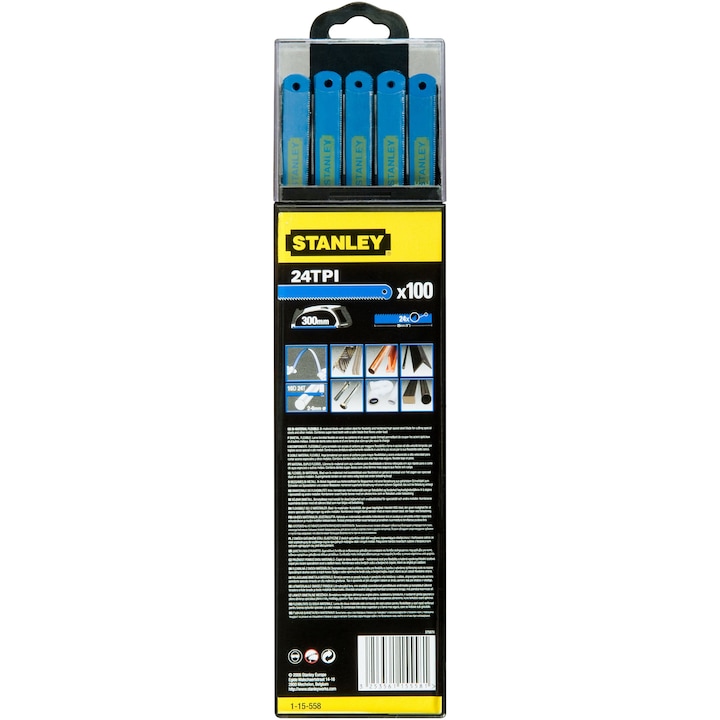 100 db Stanley 1-15-558 lézeres bimetál fűrészlap készlet, 300 mm - 24 fog/hüvelyk x100, edzett gyorsacél (HSS) penge a hosszú élettartamért, minden nagy igénybevételű alkalmazáshoz, rendkívül erős és rugalmas penge