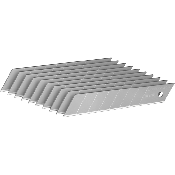 Set 10 lame cutter Stanley 0-11-301, 18 mm, lama standard din carbon, lama segmentabila cu 8 margini: taieturi constant ascutite, distribuitor de lame de schimb: cu sistem de rupere a lamei si depozitare a segmentelor folosite